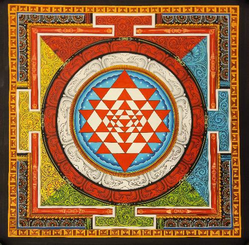 Sri Yantra Mandala, Buddhist Handmade Paubha Painting, Newari Style