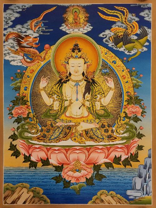 Chenrezig, Buddhist Handmade Thangka Painting, Tibetan Style, [real Gold]