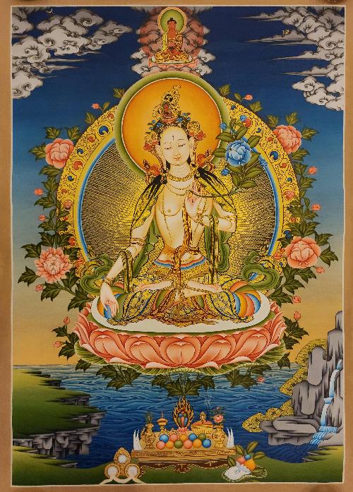 White Tara, Buddhist Handmade Thangka Painting, Tibetan Style, [real Gold]