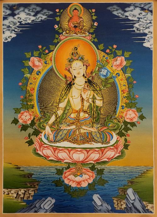 White Tara, Buddhist Handmade Thangka Painting, Tibetan Style, [real Gold]