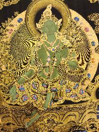 Green Tara, Buddhist Handmade Thangka Painting, Tibetan Style, [real Gold]