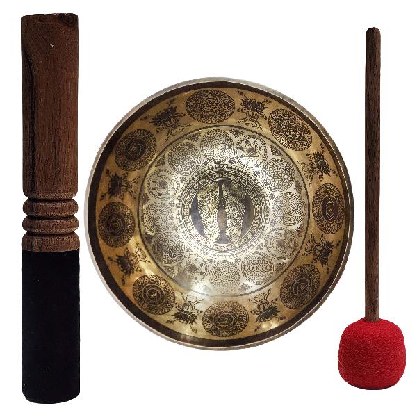 Singing Bowl, Buddhist Hand Beaten, [jambati], With Super Fine Etching Carving, [buddha Feet], Foot Singing Bowls, [select Accessories]