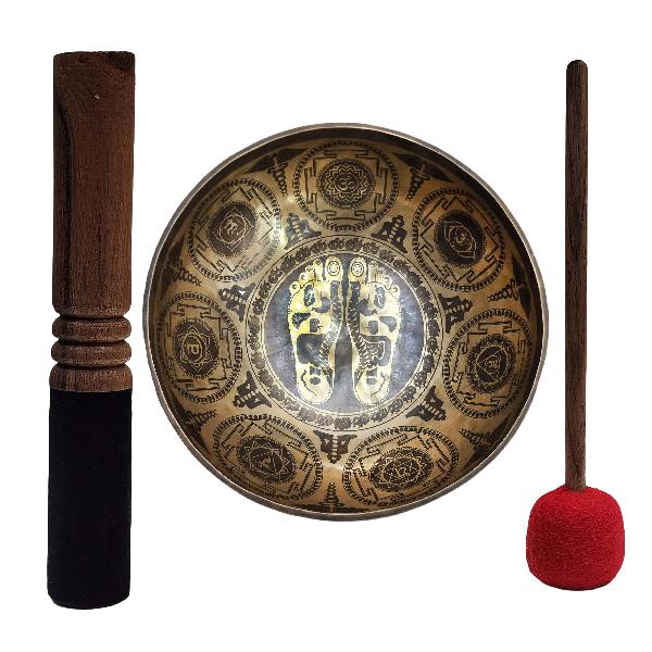 Singing Bowl, Buddhist Hand Beaten, [jambati], With Super Fine Etching Carving, [buddha Feet], Foot Singing Bowls, [select Accessories]