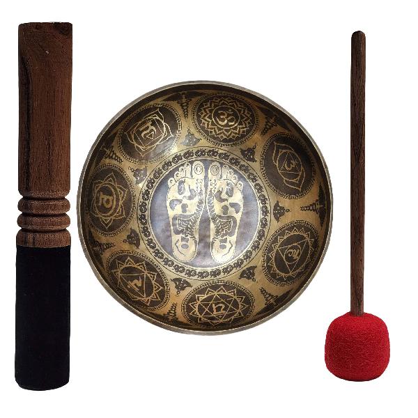 Singing Bowl, Buddhist Hand Beaten, [jambati], With Super Fine Etching Carving, [buddha Feet], Foot Singing Bowls, [select Accessories]