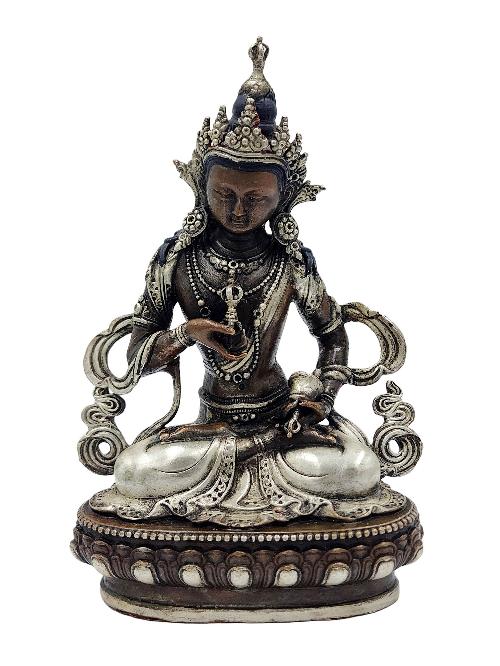 Vajrasattva, Buddhist Miniature Statue, [silver And Chocolate Oxidized]