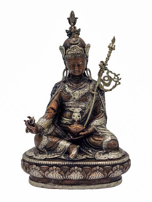 Padmasambhava, Buddhist Miniature Statue, [silver And Chocolate Oxidized]