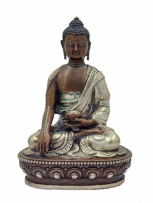 Shakyamuni Buddha, Buddhist Miniature Statue, [silver And Chocolate Oxidized]