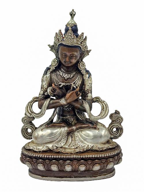 Vajradhara, Buddhist Miniature Statue, [silver And Chocolate Oxidized]