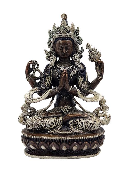 Chenrezig, Buddhist Miniature Statue, [silver And Chocolate Oxidized], With Additional Carving