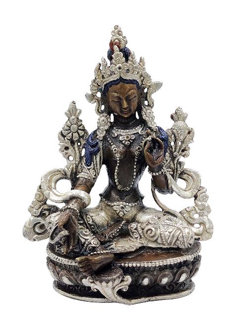 Green Tara, Buddhist Miniature Statue, [silver And Chocolate Oxidized], With Additional Carving