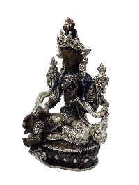 Green Tara, Buddhist Miniature Statue, [silver And Chocolate Oxidized], With Additional Carving