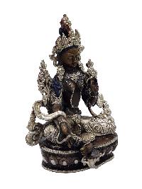 Green Tara, Buddhist Miniature Statue, [silver And Chocolate Oxidized], With Additional Carving