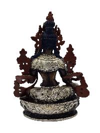 Green Tara, Buddhist Miniature Statue, [silver And Chocolate Oxidized], With Additional Carving