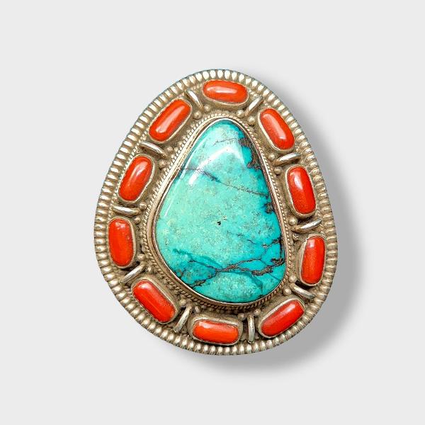 [belt Buckle] Of Silver With [turquoise And Coral]