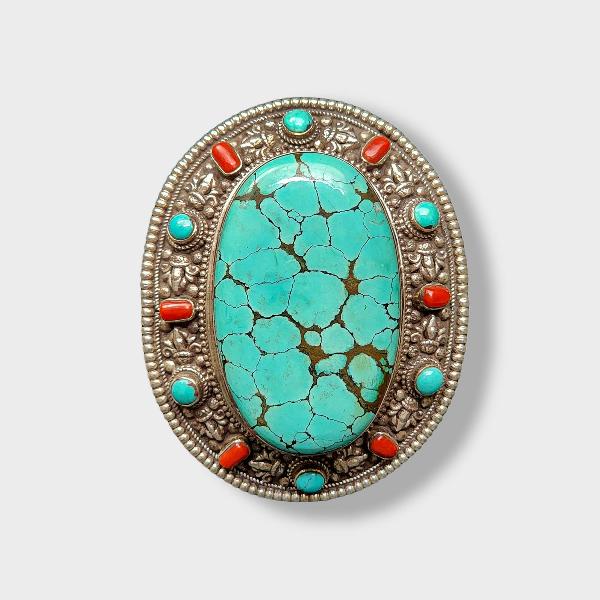 [belt Buckle] Of Silver With [turquoise And Coral]