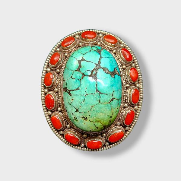 [belt Buckle] Of Silver With [turquoise And Coral]