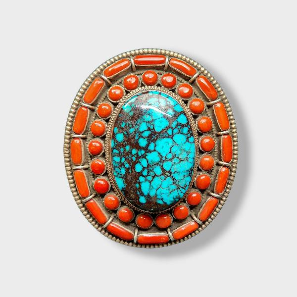 [belt Buckle] Of Silver With [turquoise And Coral]