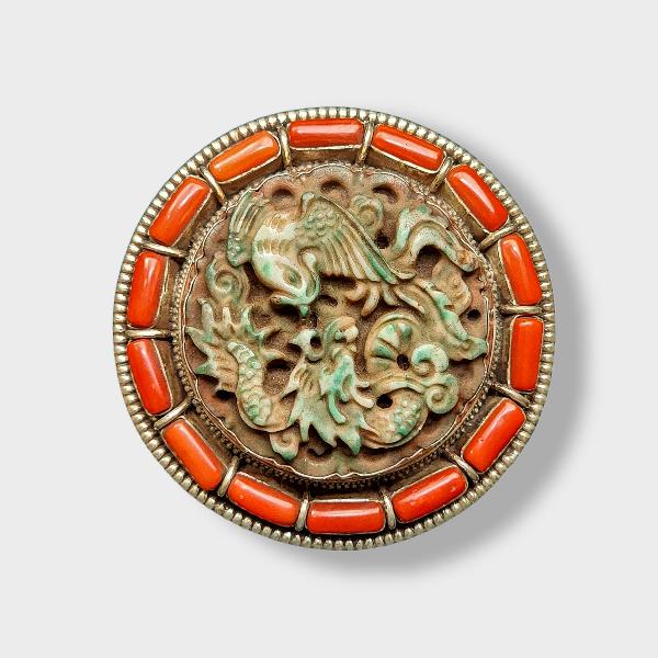 [belt Buckle] Of Silver With [jade Stone], Dragon Design