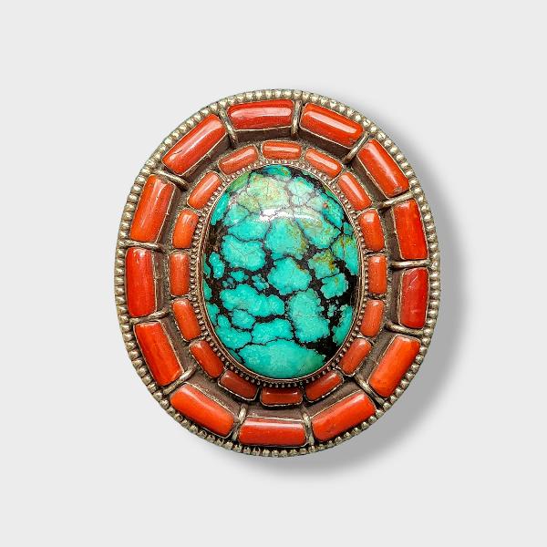 [belt Buckle] Of Silver With [turquoise And Coral]