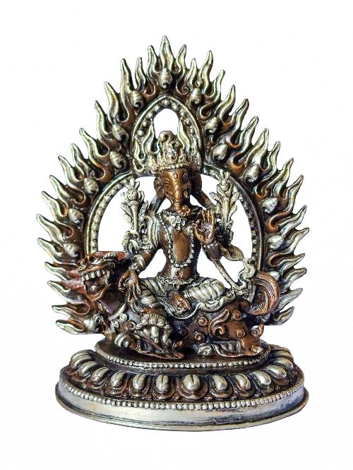 Singha Ganesh, Buddhist Miniature Statue, [silver And Chocolate Oxidized], With Carving, Red Dzambala