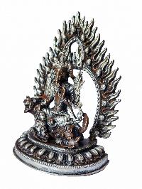 Singha Ganesh, Buddhist Miniature Statue, [silver And Chocolate Oxidized], With Carving, Red Dzambala