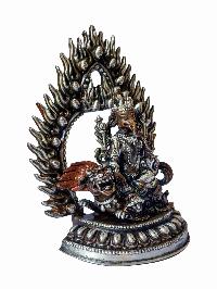 Singha Ganesh, Buddhist Miniature Statue, [silver And Chocolate Oxidized], With Carving, Red Dzambala