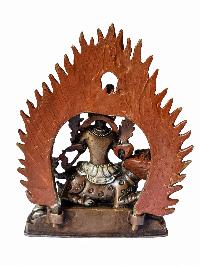 Singha Ganesh, Buddhist Miniature Statue, [silver And Chocolate Oxidized], With Carving, Red Dzambala