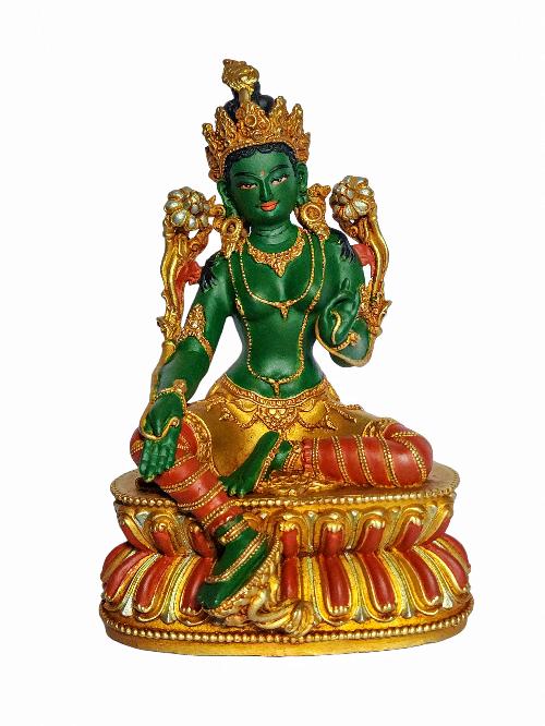  Green Tara Buddhist Statue - [partly Gold Plated] With Carving And [traditional Color Painted]