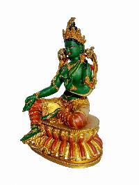  Green Tara Buddhist Statue - [partly Gold Plated] With Carving And [traditional Color Painted]
