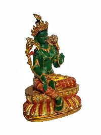  Green Tara Buddhist Statue - [partly Gold Plated] With Carving And [traditional Color Painted]