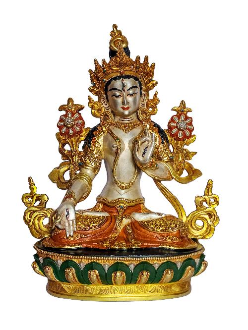 [white Tara], Buddhist Handmade Statue, [partly Gold And Silver Plated], [original Mold], [traditonal Color Finishing]