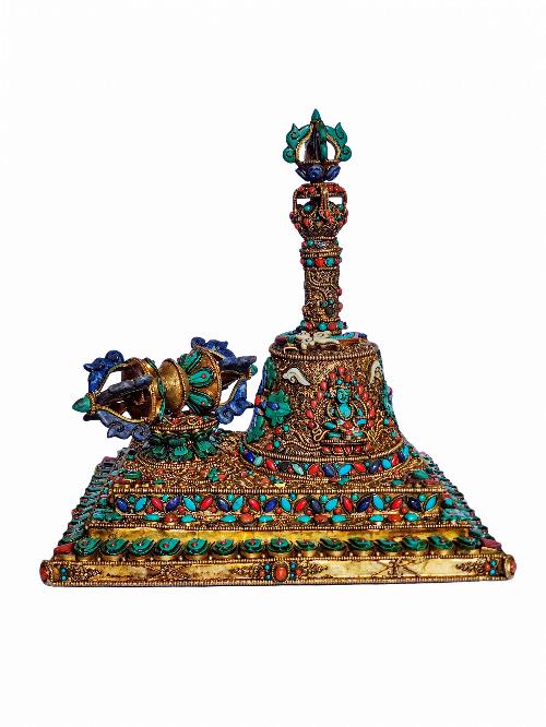 Bell And Dorje [vajra] Set - Gold Plated, Siku Design, Stone Setting, High Quality With Various Gods