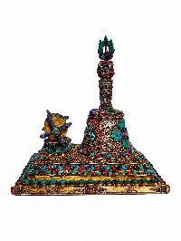 Bell And Dorje [vajra] Set - Gold Plated, Siku Design, Stone Setting, High Quality With Various Gods