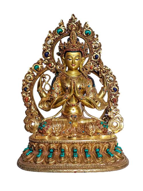 [chenrezig], Buddhist Handmade Statue, [full Gold Plated], [stone Setting] With [face Painted], [original Mold]
