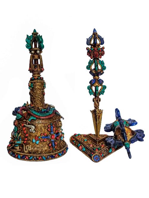 Bell, Dorje [vajra] And Phurba Set, Gold Plated, Siku Design, Stone Setting, High Quality
