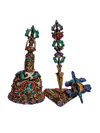 Bell, Dorje [vajra] And Phurba Set, Gold Plated, Siku Design, Stone Setting, High Quality
