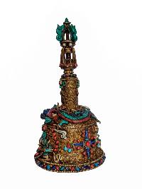 Bell, Dorje [vajra] And Phurba Set, Gold Plated, Siku Design, Stone Setting, High Quality
