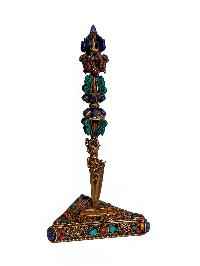 Bell, Dorje [vajra] And Phurba Set, Gold Plated, Siku Design, Stone Setting, High Quality
