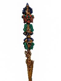 Bell, Dorje [vajra] And Phurba Set, Gold Plated, Siku Design, Stone Setting, High Quality
