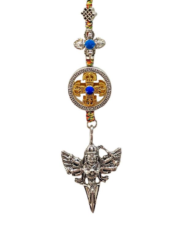 Buddhist Ritual Amulet Hanging With Double Dorje And Phurba, For Wall, Altar, Bags And Keyring