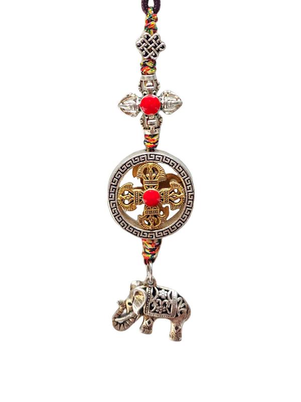 Buddhist Ritual Amulet Hanging With Double Dorje And Elephant, For Wall, Altar, Bags And Keyring