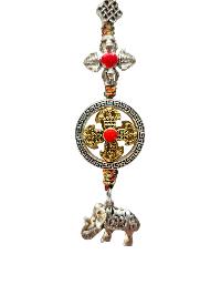 Buddhist Ritual Amulet Hanging With Double Dorje And Elephant, For Wall, Altar, Bags And Keyring