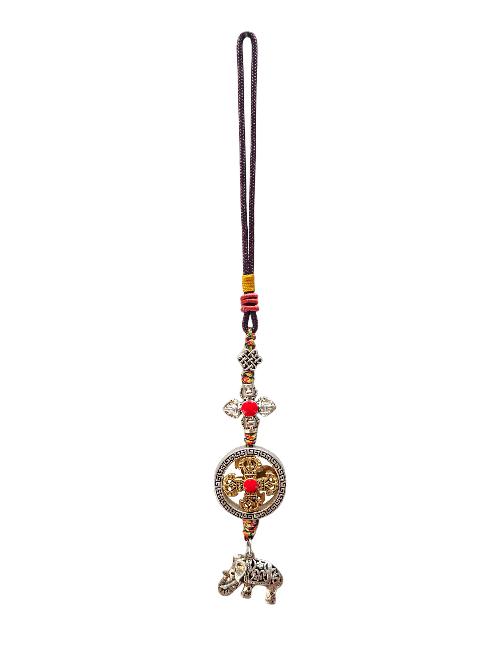 Buddhist Ritual Amulet Hanging With Double Dorje And Elephant, For Wall, Altar, Bags And Keyring