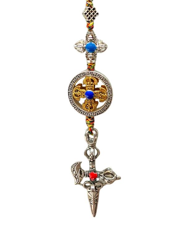 Buddhist Ritual Amulet Hanging With Double Dorje And Phurba, For Wall, Altar, Bags And Keyring
