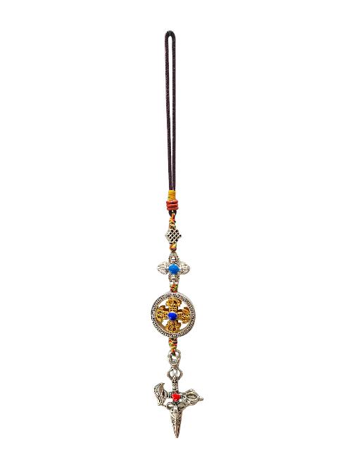 Buddhist Ritual Amulet Hanging With Double Dorje And Phurba, For Wall, Altar, Bags And Keyring