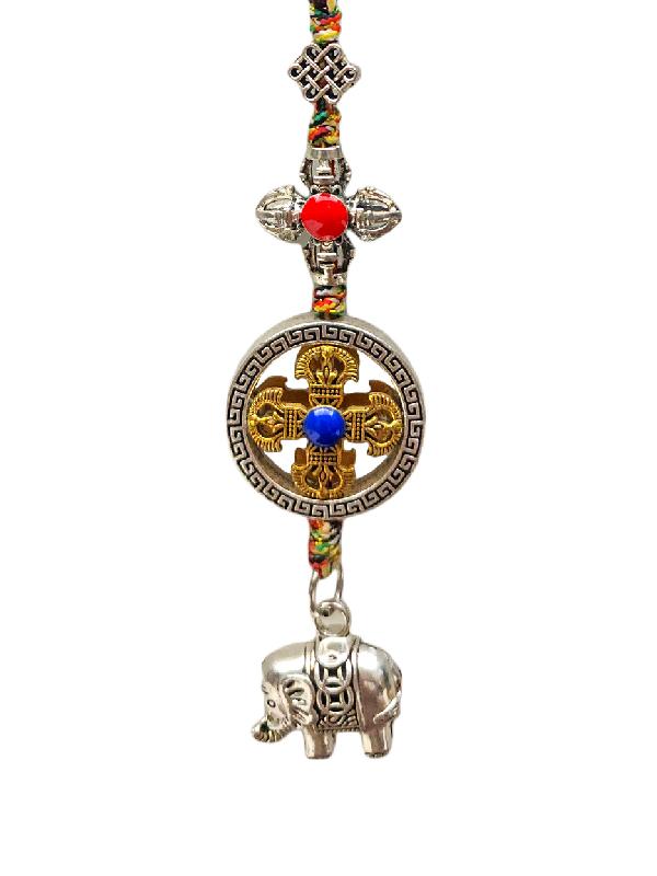 Buddhist Ritual Amulet Hanging With Double Dorje And Elephant, For Wall, Altar, Bags And Keyring