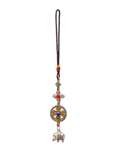 Buddhist Ritual Amulet Hanging With Double Dorje And Elephant, For Wall, Altar, Bags And Keyring
