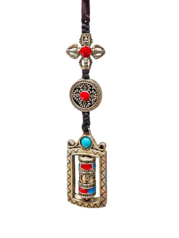 Buddhist Ritual Amulet Hanging With Double Dorje And Prayer Wheel, For Wall, Altar, Bags And Keyring
