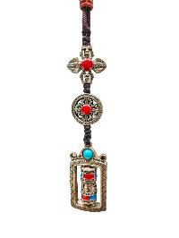 Buddhist Ritual Amulet Hanging With Double Dorje And Prayer Wheel, For Wall, Altar, Bags And Keyring