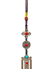 Buddhist Ritual Amulet Hanging With Double Dorje And Prayer Wheel, For Wall, Altar, Bags And Keyring